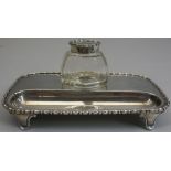 SILVER INK STAND - small oblong with beadwork edge decoration on four supports and with centre