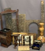 CARVED WOODEN PANELS, barley twist candlesticks, Georgian mahogany mirror frame, vintage prints