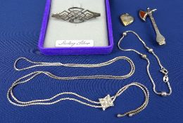 STERLING SILVER FLAT CURB CHAIN WITH TINY LOCKET, 5.6grms, a sterling silver Celtic style brooch,