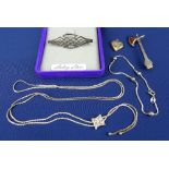 STERLING SILVER FLAT CURB CHAIN WITH TINY LOCKET, 5.6grms, a sterling silver Celtic style brooch,