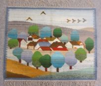 A POLISH KILIM RUNNER/THROW - colourful depiction of rooftops and trees, fringed ends with original