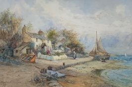 JOSEPH HUGHES CLAYTON watercolour - Cemaes Bay, cottage to foreground with figures, signed, 39 x