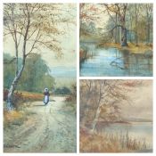 WALTER WITHAM watercolours (3), one unframed - lady on a path, riverside scenes, signed, 33 x 25cms