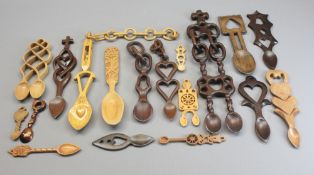 CARVED WOODEN LOVE SPOONS COLLECTION (18) - including double examples, wooden chains, ETC, nice