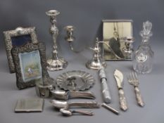 HALLMARKED SILVER PORTRAIT FRAMES (2), EPNS candlesticks and cutlery, ETC, including a glass