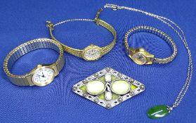 GILT METAL LADY'S WRISTWATCHES (3), Miracle brooch and an agate style pendant drop necklace on white