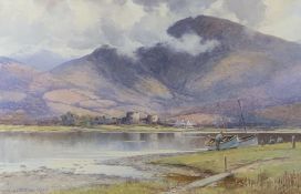 WARREN WILLIAMS ARCA watercolour - castle by lake with fishermen, signed, 37.5 x 57.5cms