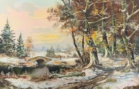 JOHN CORCORAN oil on canvas - Snowy rural scene with figure carrying firewood at riverside,