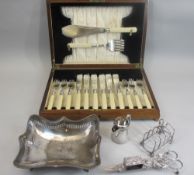 A CANTEEN OF 6 BONE HANDLED FISH KNIVES & FORKS and a pair of servers, together with an oblong