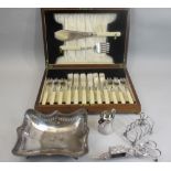 A CANTEEN OF 6 BONE HANDLED FISH KNIVES & FORKS and a pair of servers, together with an oblong