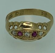 18CT GOLD CHESTER 1919 RUBY & DIAMOND RING - size O, 2grms