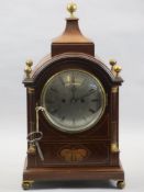DOUBLE FUSEE BRACKET CLOCK - inlaid mahogany by Potts & Sons Leeds with a pagoda top, brass ball