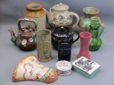 STUDIO POTTERY VASES & CONTAINERS, Majolica teapot, Arthur Wood wall pocket, ETC, a good assortment