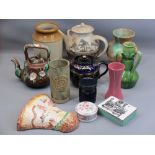 STUDIO POTTERY VASES & CONTAINERS, Majolica teapot, Arthur Wood wall pocket, ETC, a good assortment