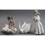 LLADRO - 3 ornaments, 6175 - 'White Swan', 6915 - 'For a special someone', girl with box of flowers,