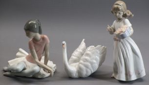 LLADRO - 3 ornaments, 6175 - 'White Swan', 6915 - 'For a special someone', girl with box of flowers,