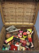 WICKER LIDDED BASKET OF CHILDHOOD TOYS - to include a Trumps marker and playing cards, Disney toys