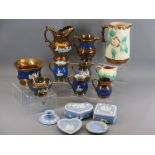 VICTORIAN COPPER LUSTRE, Majolica jugs, Wedgwood Jasperware cabinet items, a mixed quantity