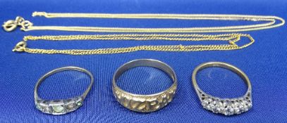 9CT GOLD JEWELLERY, 5 ITEMS - to include a Mizpah ring, size V, two paste set dress rings size Mid