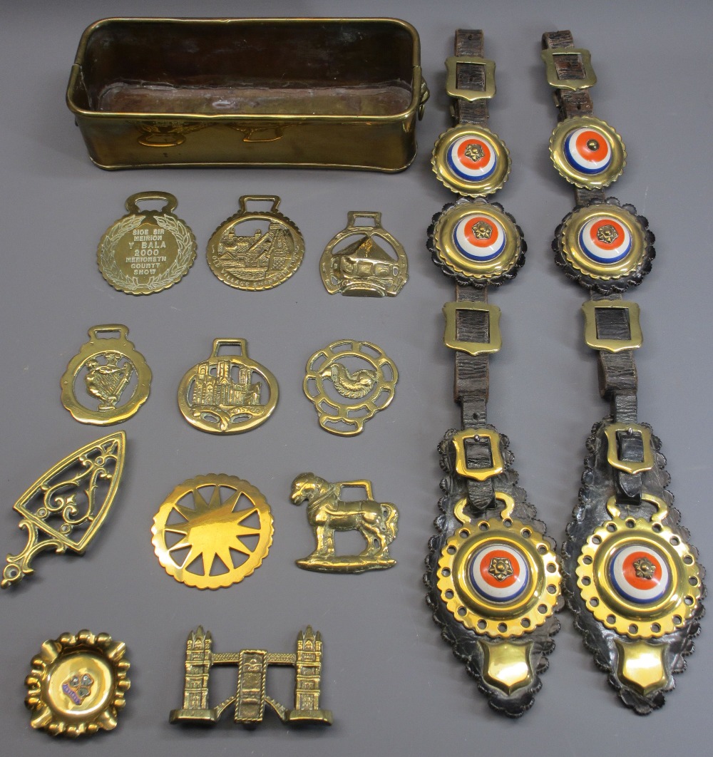 HORSE BRASSES & OTHER ORNAMENTAL BRASSWARE - two leather straps of porcelain bullseye brasses