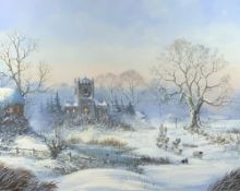 MICHAEL MATTHEWS oil on board - winter scene, church and sheep 'Christmas Morning', signed verso