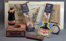 FOUNTAIN PEN ADVERTISING MATERIAL to include a Parker Quink countertop box with a near full bottle