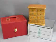 MODERN JEWELLERY BOXES (3) - one red leather effect with opening sides and interior drawer