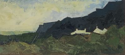 WILF ROBERTS oil, mounted behind glass - whitewashed buildings with mountains to background,