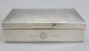 SILVER RECTANGULAR CIGARETTE BOX - Birmingham 1949, maker Mappin & Webb, 16cms L, with engine turned