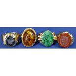 9CT GOLD DRESS RINGS (4) - one with large oval amber cabochon, one of green jade and two seals,