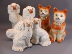 STAFFORDSHIRE SEATED DOGS & CATS, 3 PAIRS - 31cms H the largest dogs, 31.5cms H the cats