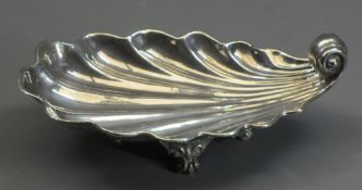 RUSSIAN SILVER SHELL SHAPED OVAL SERVING DISH - with scrolled end handle and on a narrow pedestal