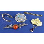 9CT GOLD WISHBONE, 1grm, an 18ct gold narrow pin, 2grms, a small shaped floral brooch, 2.4grms and
