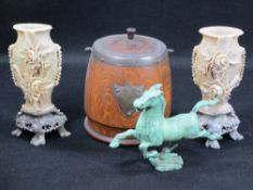 SOAPSTONE CARVED VASES - 20cms H, oak ice bucket and a cast prancing horse antiquity style ornament