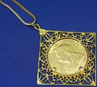 QUEEN VICTORIA 1900 GOLD FULL SOVEREIGN - in a 9ct gold openwork mount and 30cms necklace, 16grms