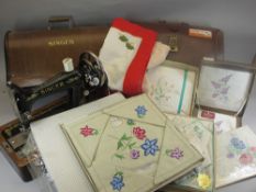 CASED VINTAGE SINGER SEWING MACHINE, original boxed and packaged linen along with a vintage
