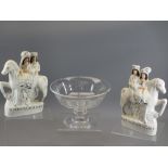 STUART CRYSTAL etched pedestal glass bowl, 20cms diameter, 13cms H and a pair of Staffordshire