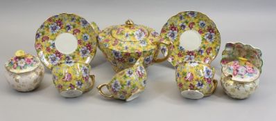 JAMES SADLER Sophie Chintz teaware, 6 pieces and a pair of similar style Tuscan condiment pots