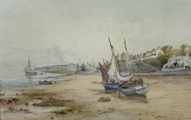 JOSEPH HUGHES CLAYTON watercolour - Cemaes Bay, boats to the foreground, signed, 37 x 57.5cms