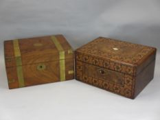 BRASS BOUND WALNUT WRITING SLOPE BOX with fitted interior together with marquetry inlaid 19th
