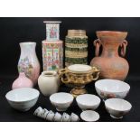 COLLECTION OF VARIOUS VASES (7) - to include a large German stoneware example, 41cms H, gilt twin-