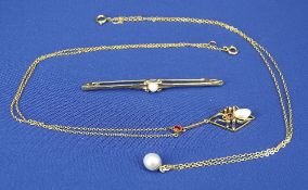 9CT GOLD PEARL BAR BROOCH, 2.5grms, a 9ct gold spider pendant and chain, 2.3grms and a 9ct pearl and