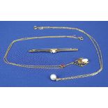 9CT GOLD PEARL BAR BROOCH, 2.5grms, a 9ct gold spider pendant and chain, 2.3grms and a 9ct pearl and