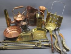 VINTAGE & LATER FIRESIDE BRASS & COPPERWARE - copper kettle with acorn finial knop, brass fire