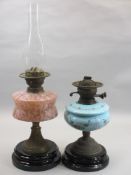 OIL LAMPS (2) - Victorian, brass and mineral based with Milk and mottled glass reservoirs, 61cms the