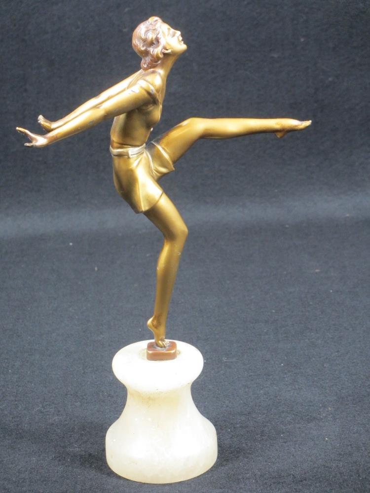 ART DECO COLD PAINTED GILT SPELTER LADY IN THE STYLE OF JOSEF LORENZL - on a mineral base, unsigned, - Image 2 of 4