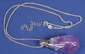 LARGE PEAR SHAPE AMETHYST SILVER MOUNTED PENDANT WITH CHAIN - 28.9grms