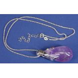 LARGE PEAR SHAPE AMETHYST SILVER MOUNTED PENDANT WITH CHAIN - 28.9grms