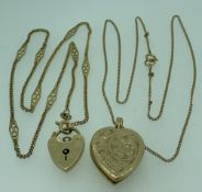 9CT GOLD PENDANT NECKLACES (2) - one having a heart shape opening locket with decorative engraving