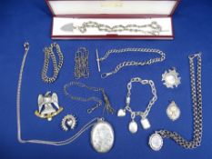 MAINLY VICTORIAN SILVER & WHITE METAL JEWELLERY ITEMS to include Albert chains, fobs, lockets, ETC